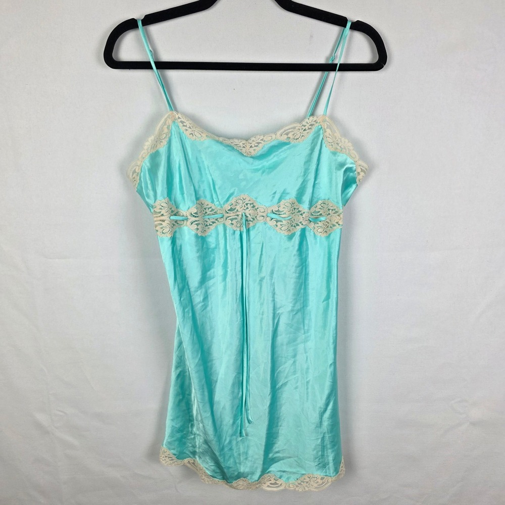 Victorias Secret Vintage Aqua Blue Satin Lace Trim Chemise Nightgown Medium